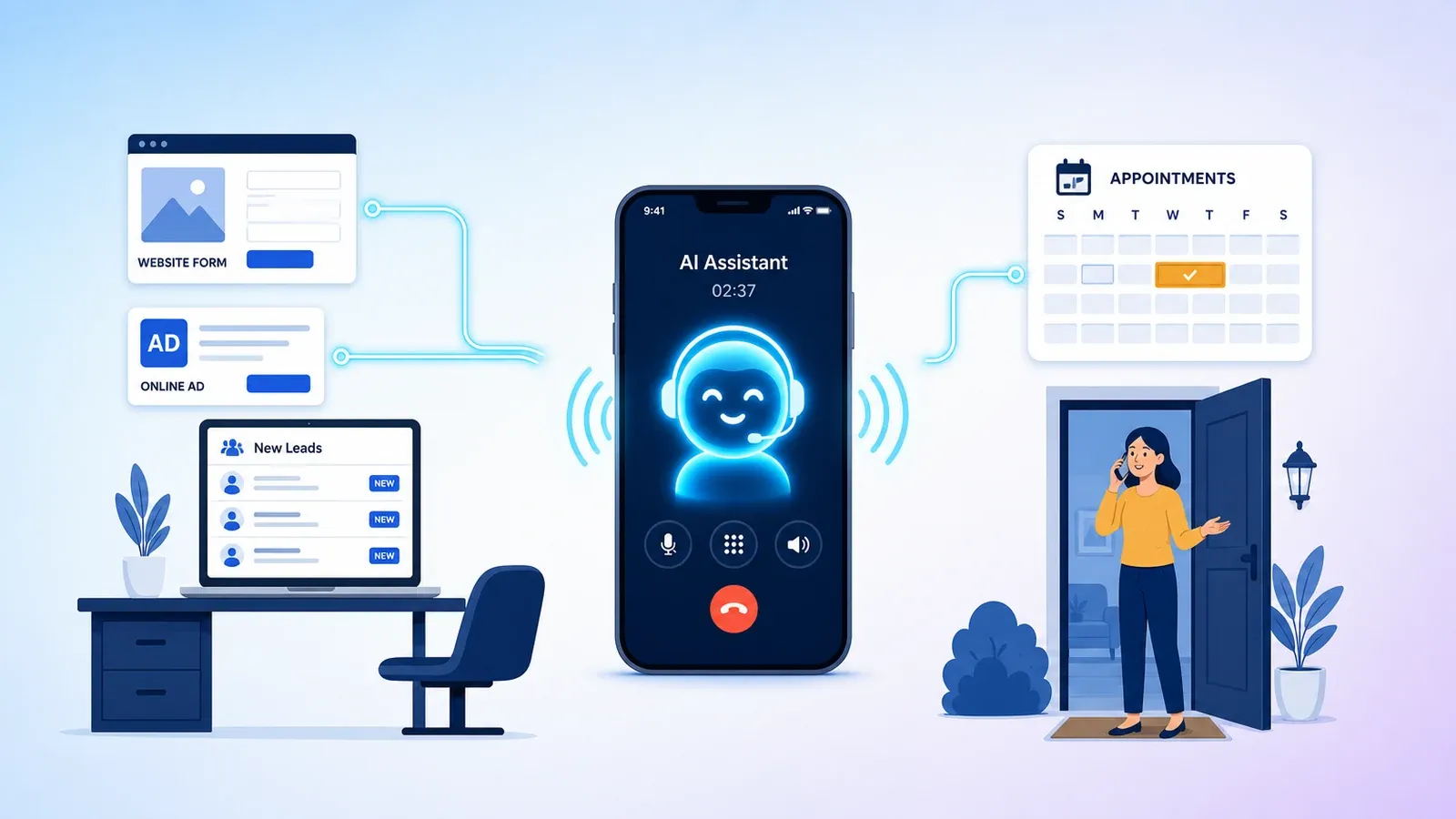 AI calling agent on a phone connecting a sales team's lead list to a customer and a booked appointment