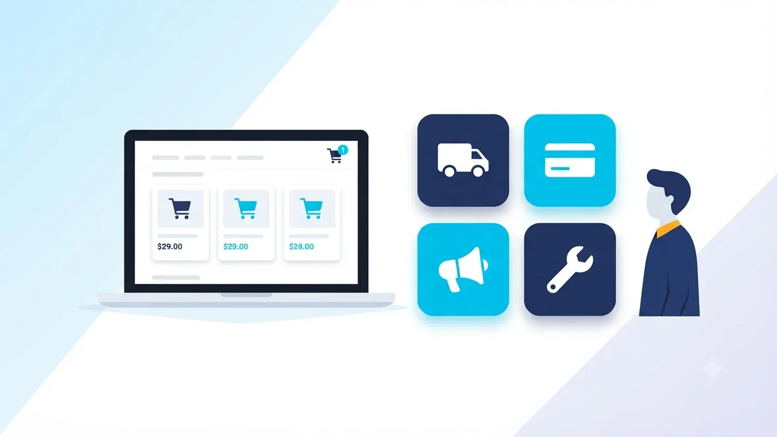 Online store on a laptop beside tiles for delivery, payments, marketing and maintenance costs