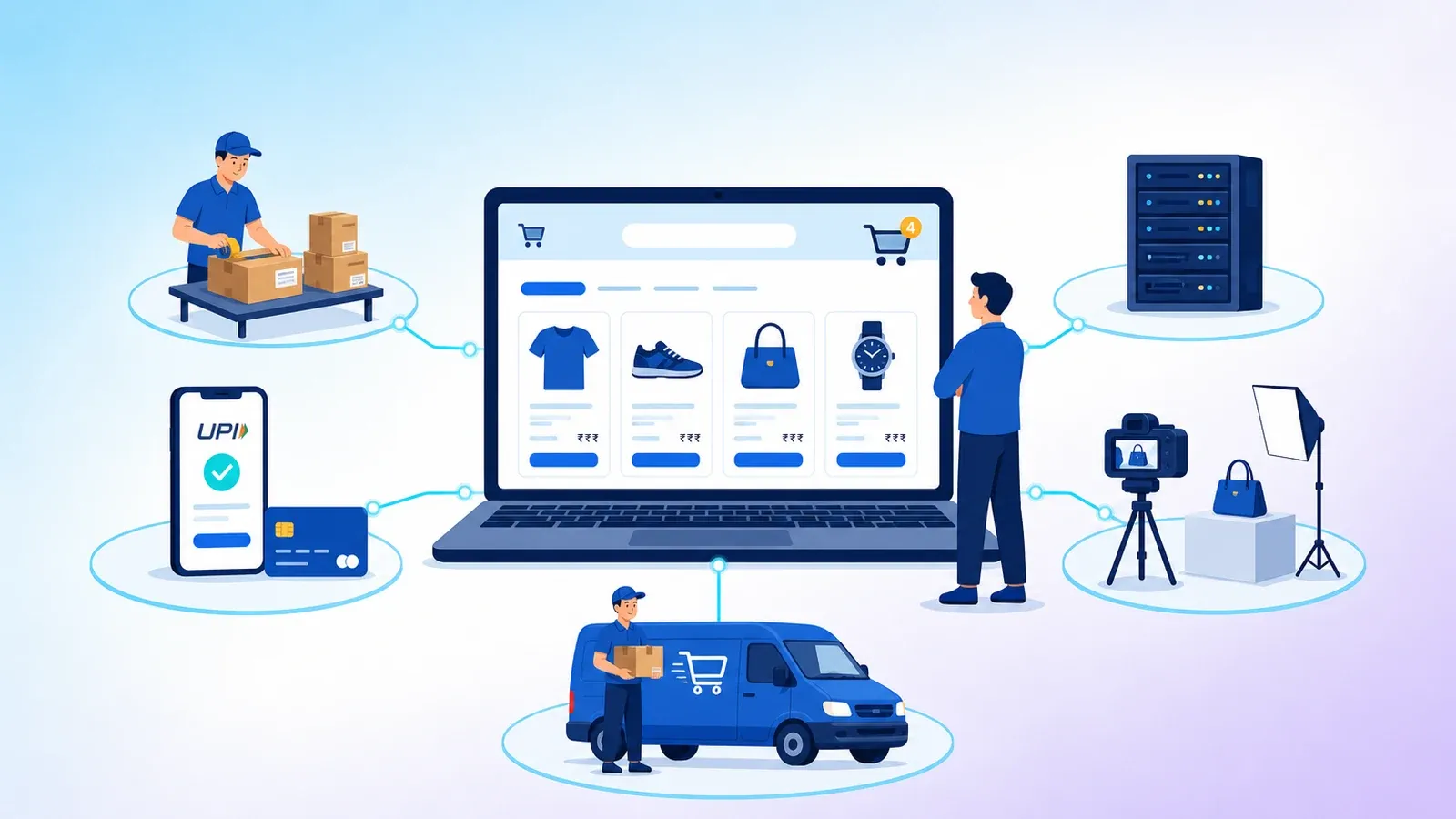Online store on a laptop beside tiles for delivery, payments, marketing and maintenance costs