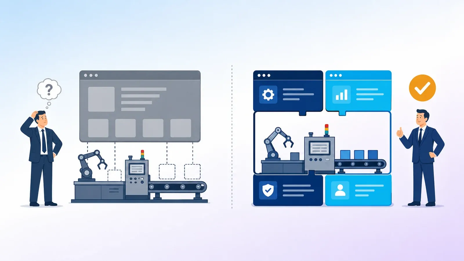 Comparison of a rigid ready-made ERP and a custom ERP fitted around a factory floor