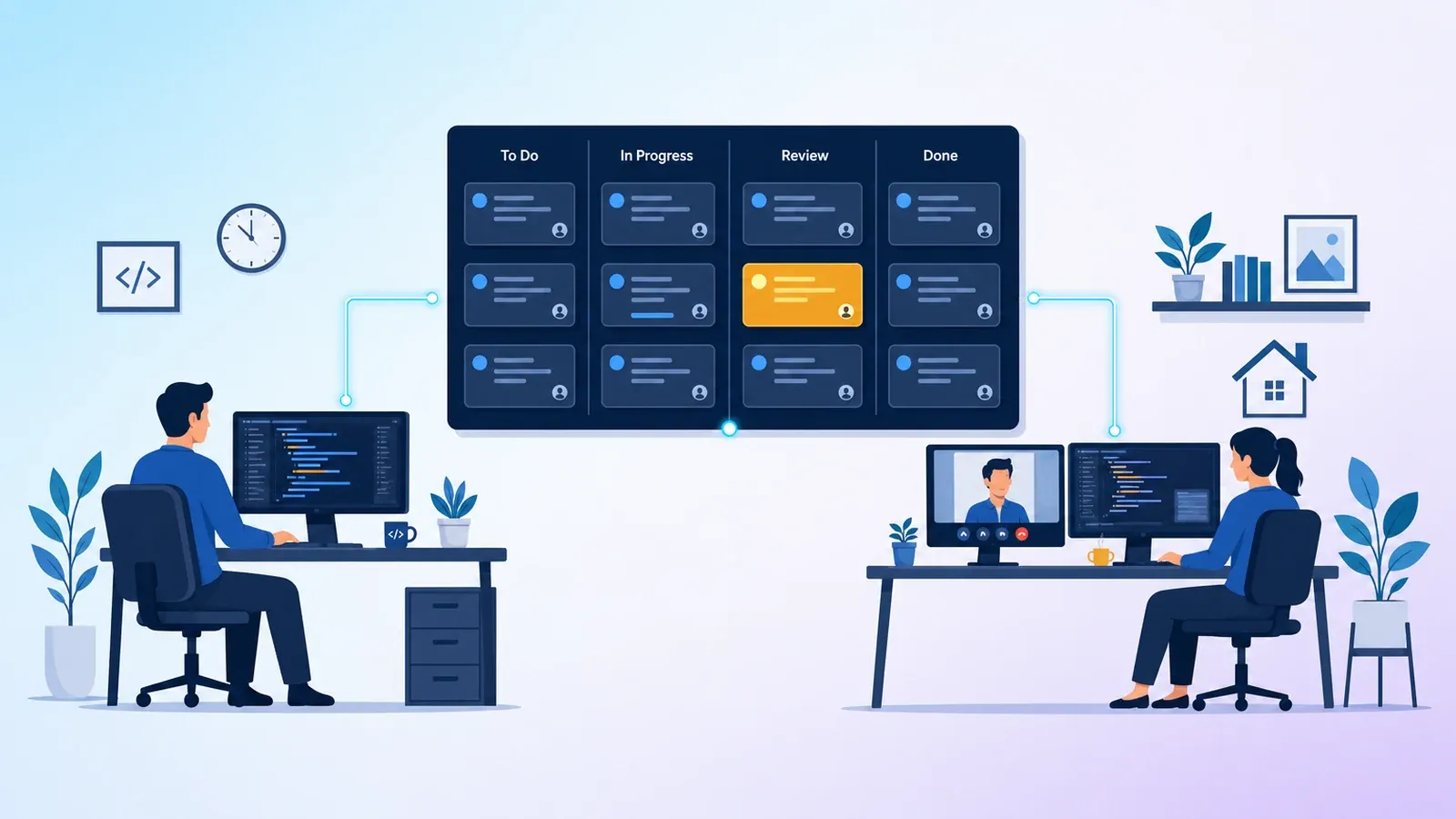 An in-house developer and two remote developers working on one shared task board